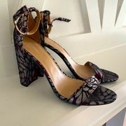 Merona Lulu Burgundy & Silver Floral Brocade Block Heel Sandal Shoes 11