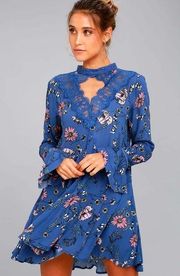 Lulus New You Royal Blue Floral Print Lace Long Sleeve Swing Dress size M