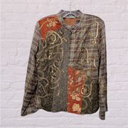 Kate & Mallory patchwork plaid tapestry paisley sequin beaded brown gold jacket