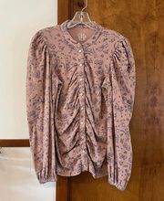 CHASER | Ditsy Print Top Warm Taupe Long Balloon Sleeve Ribbed Snap Button Sz L