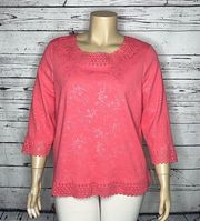 Croft & Barrow NWT Size XXL Pink Jacquard Print Laser-Cut Trim Blouse Top