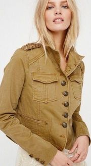 Free People Shrunken Officer Military Jacket in Sand Cropped Gold Beaded Medium