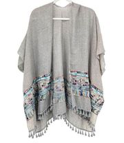 Womens Cotton Blend Boho Embroidered Geometric Tassel Kimono Wrap One Size Gray