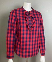 Draper Jane button up shirt 8 long sleeve plaid western ruffle navy blue red