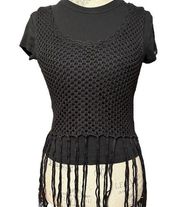 Bongo Medium Black Knit Crochet See Through Cover Top Tassels