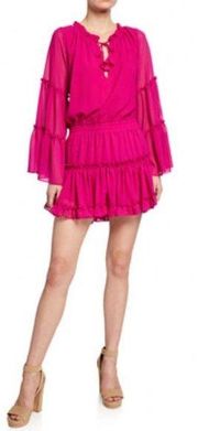 MISA Los Angeles Leeva Bell-Sleeve Chiffon Mini Dress Fuchsia Size XS