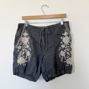 Johnny Was Grey 100% Linen Floral Embroidered Shorts