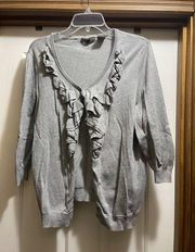 Linda Matthews Woman 1X gray 3/4 sleeve cardigan with ruffle detail