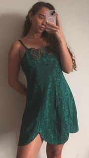 Vintage 80s Floral Foil Emerald Lace Detailed Neckline Satin Mini Slip Dress