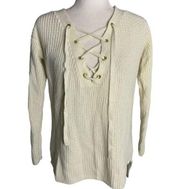 Guess Cable Knit V Neck Sweater S Cream Lace Up Front Long Sleeves Stretch