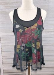 DEREK HEART Tank Top Tropical Print w Sheer Overlay-Large