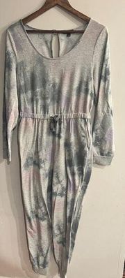 AS U WISH Women’s Gray Tie Dye Scoop Neck Long Sleeve Drawstring Casual Jumpsuit