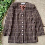 Valerie Stevens Wool Plaid Gingham Buttoned Blazer Jacket Brown Tan Size 10