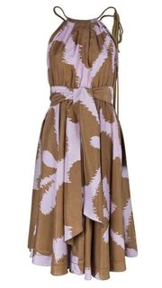 Diane Von Furstenberg DVF Naro 100% Silk Tan Floral Halter Midi Dress Size 4