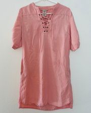 Pink Tencel Lyocell Lace Up Short Sleeve Mini Dress