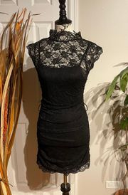 Vintage y2k  Ann Lace LBD Mock Fit Bodice Draped Rave goth club sexy hot Ruched Shift Sheath