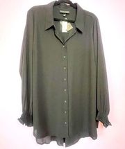 NEW Lane Bryant Black Sheer Long Sleeve Collar Button Blouse Top Size 22/24