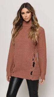 Mauve Laceup Turtleneck Sweater Dress