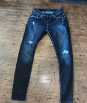 Silver western distressed dark wash normcore skinny jeans