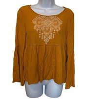 Poetry EUC Mustard Yellow Embroidered Long Sleeve Boho Blouse Sz M