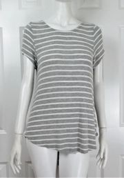 Gray Stripe Lace-Up Back Short Sleeve High-Low Knit Top- Size Medium