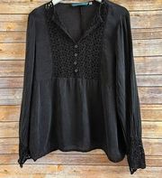 Johnny Was Black Crinkled Sheer Lace Top Size XL