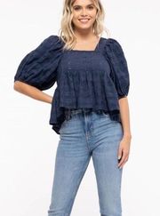 Square Neck Puff Sleeve Navy Blue