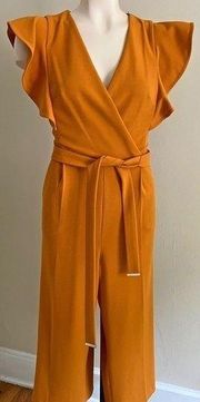 TOMMY HILIFIGER mustard ruffle belted wide leg cropped jumpsuit