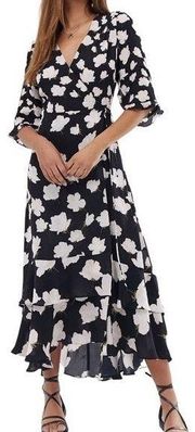 AllSaints Delana Caro Black & White Floral Midi Wrap Dress Women’s Size Medium