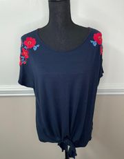 Navy Short Sleeve Floral Blouse Size X-Large