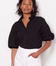 Evereve Eyelet Black Women Medium Oversize Crop Button Front Drop Shoulder Top