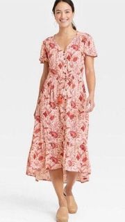 Knox Rose Floral Midi Dress Boho Prairie Pink Red Smocked Women’s Size Medium