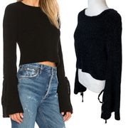 Lovers + Friends Sweater Cropped Chenille Tie Bell Sleeve Scoop Neck Black Small