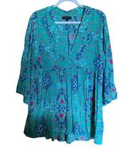 Rachel Zoe Womens Size Large Multicolor Artsy Print V-Neck Tunic Top Blouse