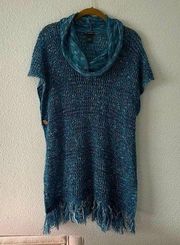 Blue turtleneck Poncho Open Weave Triblend with Fringe size Large