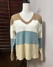 H By Halston Womens Pullover Sweater Multicolor Stripe Long Sleeve V Neck S