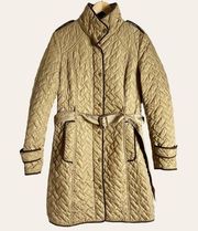 Cole Haan Golden Khaki Tan Quilted Belted Coat Women’s Size Small