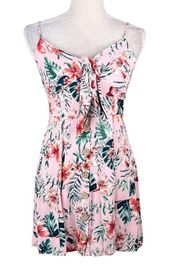 Band of Gypsies Mini Dress Pink Floral S Adjustable Straps Buttons Ruching