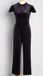 Shine With Me Velvet Jumpsuit Cap Flutter Sleeves Mockneck Black L