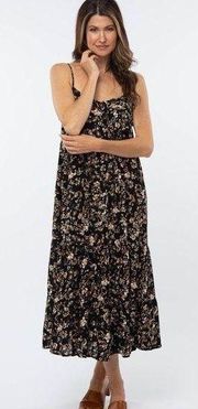 Boutique Black Floral Print Tiered Midi Dress