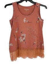 Soft Surrounding Floral Print Lace Trim Tank Top Womens Size Small