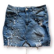 Womens Denim Jean Mini Skirt Blue Sz M Distressed Pearl Embellishment