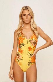 💕DESIGUAL💕 Cancun One Piece Swimsuit ~ Tropical Yellow Floral Pattern NWT