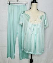 Vanity Fair 2-Pc Pajama Set Nylon Lace Trim Pale Teal Blue Sz S