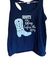 Gildan navy blue women’s tank “boots and bling before the ring” size XL