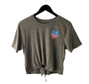 City Streets Twist Tee Shirt Crop Top American Flag Heart Womens Gray Small S