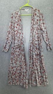 Lularoe Women's Long Cardigan Long Sleeve Gray Floral Ribbed Size Medium