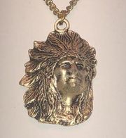 Vintage Light Gold Silver Tone Indian Head Pendant Boho Retro Necklace