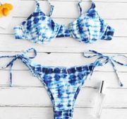 NEW! ZAFUL Tie Dye Bikini Set S Underwire Top & High Cut String Bottoms Blue