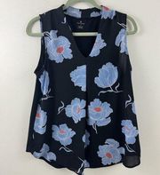 Women’s Black Floral Polyester Sheer Pleated Button Tank Top Size M